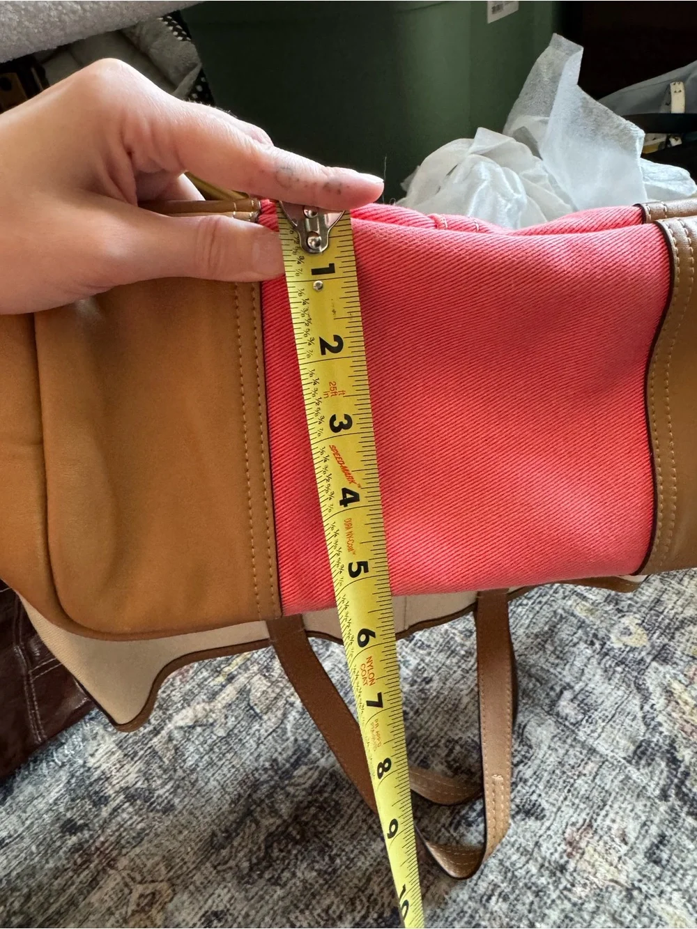 Coach Pink and Cream Canvas Stripe Tote with Tan Leather Trim